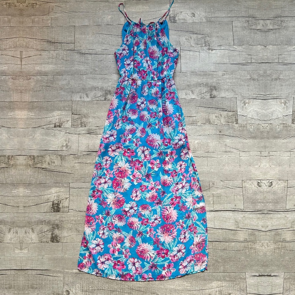 Forever 21 Blue Floral Pink Hibiscus Tropical High Neck Lighweight Maxi Dress S